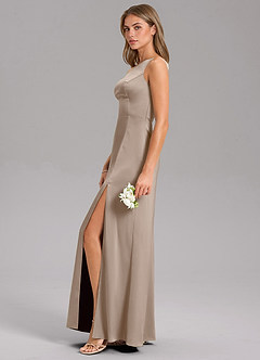 Azazie Phaedra Jurken voor bruidsmeisjes Jurk van Stretch Satijn met A-lijn One-shoulder Taupe image5