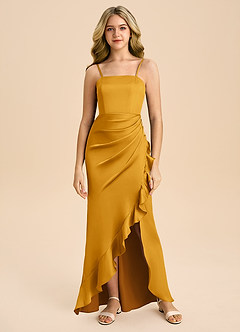 Azazie Buzzy Junior Vestido Caramelo de Cetim elástico de Bainha com Plissado image3