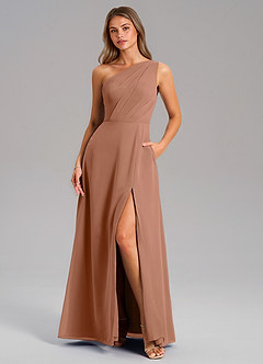Azazie Phaedra Robes de demoiselle d'honneur Robe Trapèze en Mousseline de soie Ue épaule Bronze image3