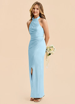 Azazie Jemma Junior Sky Blue Sheath Ruched Stretch Satin Dress image5