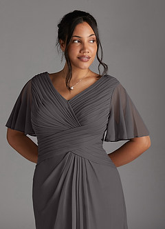 Azazie Emmeline Mère de la mariée Robes Robe Trapèze en Maille Col V plissé Gris Acier image10