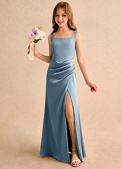 Azazie Noah Girls Formal Jurken voor bloemenmeisjes Kolom Jurk van Stretch Satijn Geplooide Stoffig Blauw image1