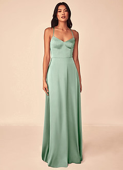 Azazie Mei Bridesmaid Dresses Agave A-Line V-Neck Stretch Satin Dress image1