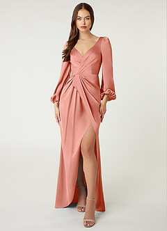 Azazie Mel Bridesmaid Dresses Coral Sheath Long Sleeve Stretch Satin Dress image1