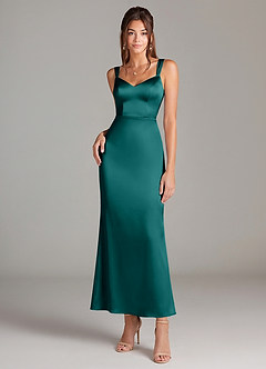 Azazie Denice 신부 들러리 드레스 쉬스 주름진 스트레치 새틴 발목 길이 드레스 image3