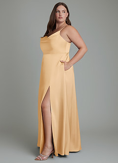 Azazie Sarella Bridesmaid Dresses Gold A-Line Pleated Stretch Satin Dress image11