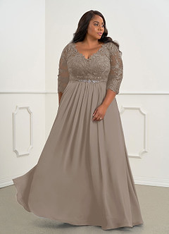 Azazie Hayek vestidos de madre de la novia Vestido de Gris Pardo de Gasa de Corte En A con Cuello en V de encaje image9