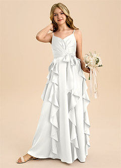 Azazie Peyton Junior White A-Line Pleated Stretch Satin Dress image2