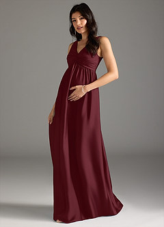 Azazie Yetta Maternity Bridesmaid Dresses A-Line Pleated Stretch Satin Floor-Length Dress image1
