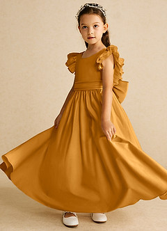 Azazie Piglette Flower Girl Dresses Butterscotch A-Line Bow Matte Satin Dress image2
