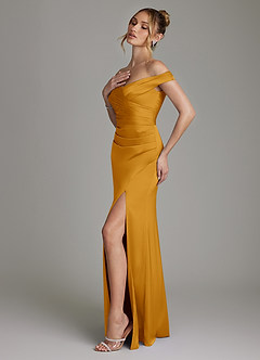 Azazie Teyana Jurken voor bruidsmeisjes Jurk van Stretch Satijn met Kolom Off the Shoulder Boterbabbelaar image6