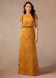 Azazie Lehi Mother of the Bride Dresses Butterscotch A-Line Boatneck Floral Burnout Dress image1