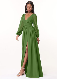 Azazie Norah Bridesmaid Dresses Basil A-Line V-Neck Long Sleeve Chiffon Dress image4