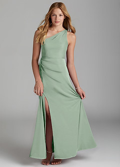 Azazie Maron Junior Agave A-Line Pleated Stretch Satin Dress image1