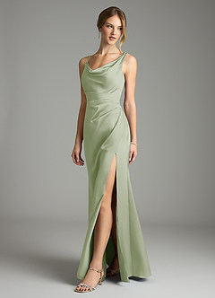 Azazie Samara Robes de demoiselle d'honneur Robe Sirène en Satin extensible Plissée Vert Sauge image3