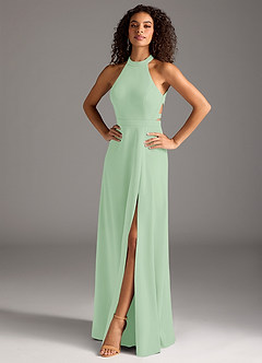 Azazie Clarice Final Sale Dusty Sage A-Line High Neck Stretch Crepe Dress image2