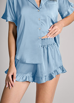 front Matching Color Personalized Embroidered Name Ruffled Short Sleeve Pajama Set