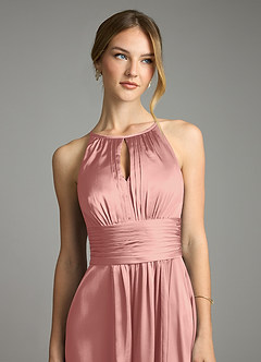 Azazie Bonnie Bridesmaid Dresses Rosette A-Line Pleated Stretch Satin Dress image2