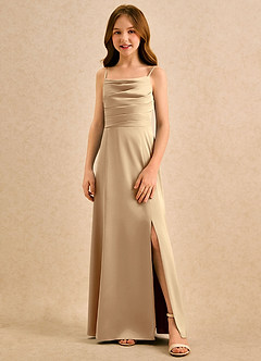 Azazie Chamomile Girls Formal Flower Girl Dresses Champagne A-Line Pleated Stretch Satin Dress image4