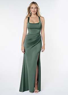 Azazie Mero Bridesmaid Dresses Sea Moss Sheath Pleated Stretch Satin Dress image1