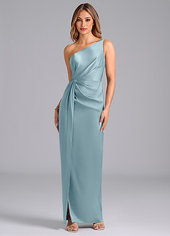 Azazie Naria Bridesmaid Dresses Moody Blue Sheath One Shoulder Stretch Satin Dress image1