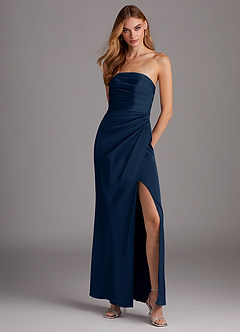 Azazie Lexie Bridesmaid Dresses Dark Navy Sheath Strapless Stretch Satin Convertible Dress image1