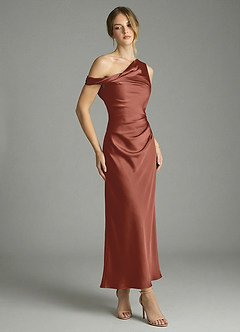 Azazie Emerson 신부 들러리 드레스 인어 오프 더 숄더 스트레치 새틴 발목 길이 드레스 image3