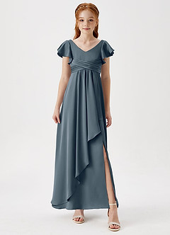 Azazie Omari Junior Twilight A-Line Pleated Stretch Satin Dress image4