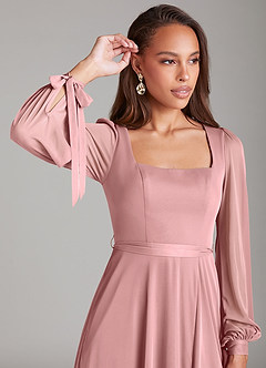 Azazie Leonia Bridesmaid Dresses Dusty Rose A-Line Long Sleeve Mesh Dress image5