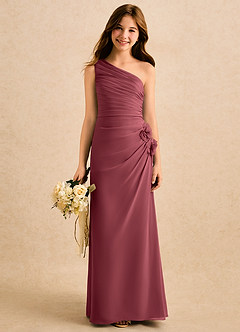 Azazie Sophie Girls Formal Flower Girl Dresses Merlot Sheath One Shoulder Chiffon Dress image1