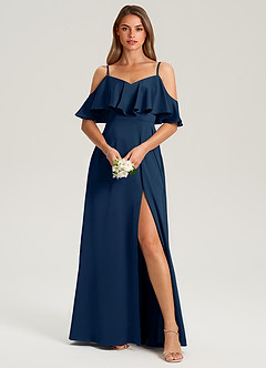 Azazie Jean Bridesmaid Dresses Dark Navy A-Line Off the Shoulder Stretch Satin Dress image1
