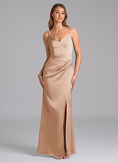 Azazie Leo Vestidos de damas de honor Vestido de Rosa Inglesa de Satén Elástico de Corte Recto con Plisado image1