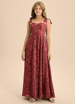 Azazie Rosey Junior Abito A-Line in Floral Burnout Scollo a Cuore Terracotta image3