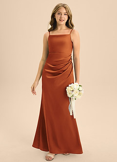 Azazie Renna Junior Cinnamon A-Line Pleated Stretch Satin Dress image5