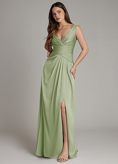 Azazie Pauline Final Sale Dusty Sage A-Line Pleated Stretch Satin Dress image5