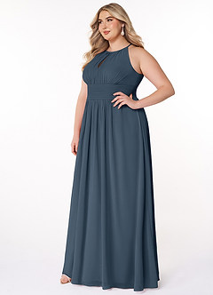 Azazie Bonnie Brautjungfernkleider A-Linie Schlüsselloch Gerüscht Chiffon Kleid Neptunblau image8