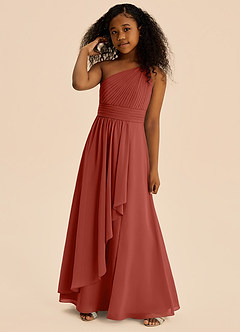 Azazie Skye Junior Abito A-Line in Chiffon Plissettato Terracotta image4