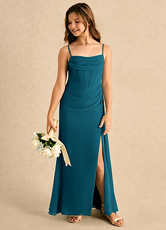 Azazie Moxie Girls Formal Blumenmädchenkleider A-Linie Spitze Chiffon Kleid Tintenblau image5