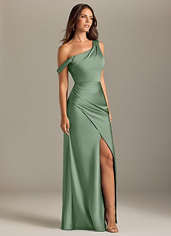 Azazie Madelyn Robes de demoiselle d'honneur Robe Sirène Convertible en Satin extensible Épaule décolletée Matcha image4