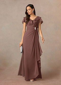 Azazie Snapdragon Kleider für die Brautmutter A-Linie V-Hals Gerüscht Chiffon Kleid Espresso image1