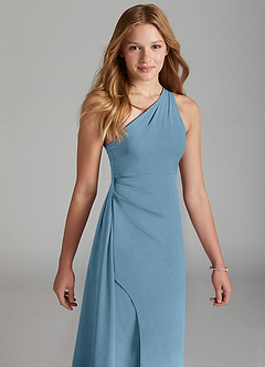 Azazie Maron Junior Steel Blue A-Line Pleated Stretch Satin Dress image3