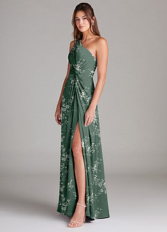 Azazie Brooke Robes de demoiselle d'honneur Robe Trapèze en Satin extensible Asymétrique Jardin Floral D'eucalyptus image5
