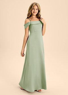 Azazie Anselie Junior Robe Trapèze en Satin extensible Épaule décolletée Vert Sauge image5