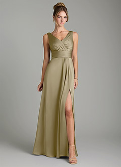 Azazie Karina Bridesmaid Dresses Moss Green A-Line Pleated Stretch Satin Dress image6