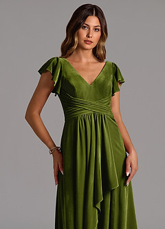 Azazie Omari Bridesmaid Dresses Olive A-Line Pleated Velvet Dress image2