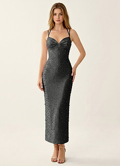 Annika Schwarz Maxikleid aus Stretch-Satin mit V-Ausschnitt, Perlenbesatz und Korsett-Design image4