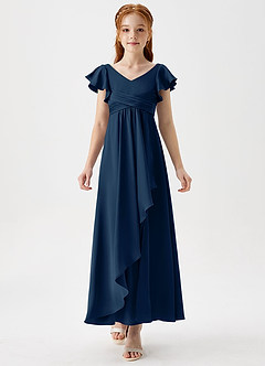 Azazie Omari Junior Dark Navy A-Line Pleated Stretch Satin Dress image5