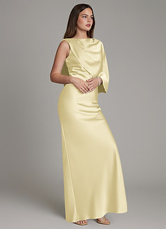 Azazie Darby At-home Try On Dresses Lemon Sorbet Mermaid Pleated Stretch Satin Dress image5