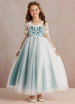 Azazie Elodie Blumenmädchenkleider Ballkleid Spitze Kleid Elfenbein Pfau image3