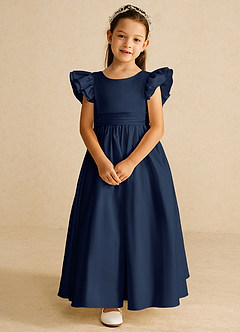 Azazie Piglette Blumenmädchenkleider A-Linie Schleifen Matte Satin Kleid Dunkelmarine image4